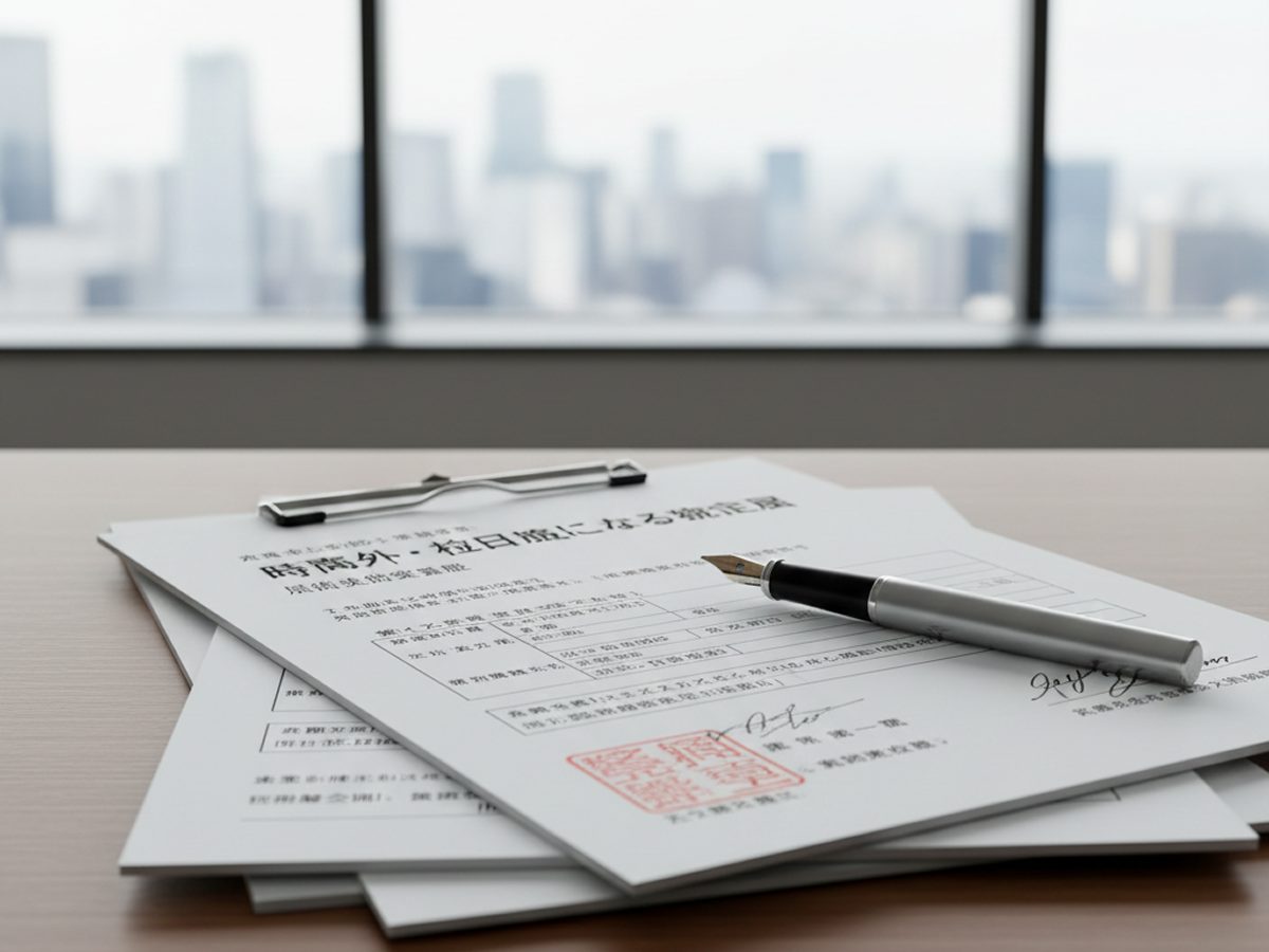 労働基準監督署に提出する36協定届（時間外・休日労働に関する協定届）と万年筆。大阪の製造業における労務コンプライアンスのイメージ