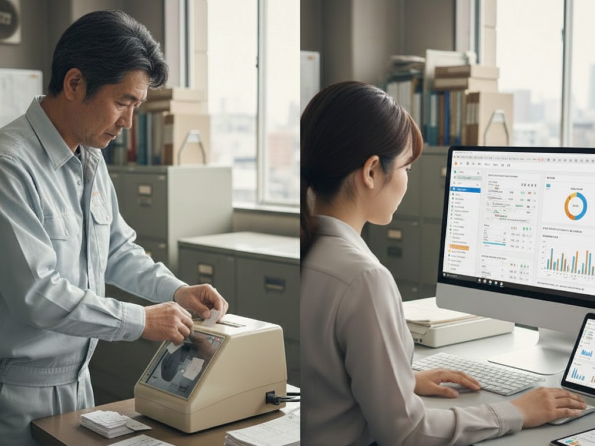 アナログな紙のタイムカードと、クラウド型勤怠管理システムによる正確な労働時間管理の比較イメージ。大阪の製造業向けDX支援