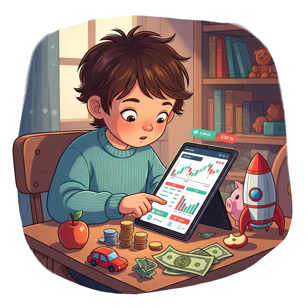 お小遣いをもらって株投資を始める小学生のイラスト