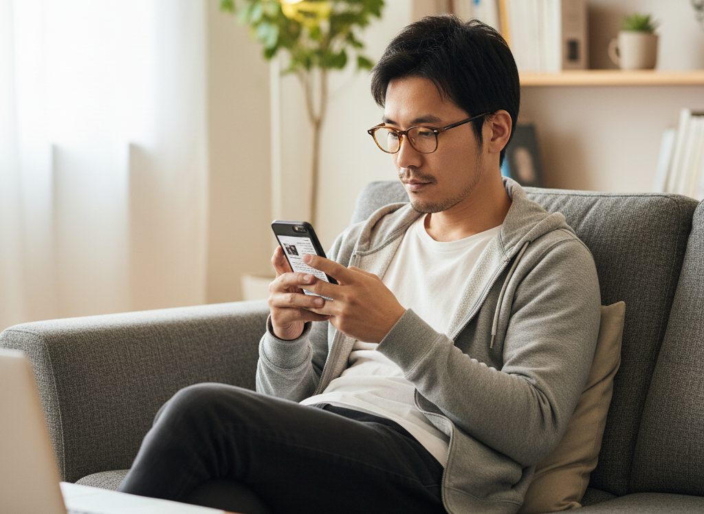 スマートフォンで税金に関する記事を真剣に読む男性