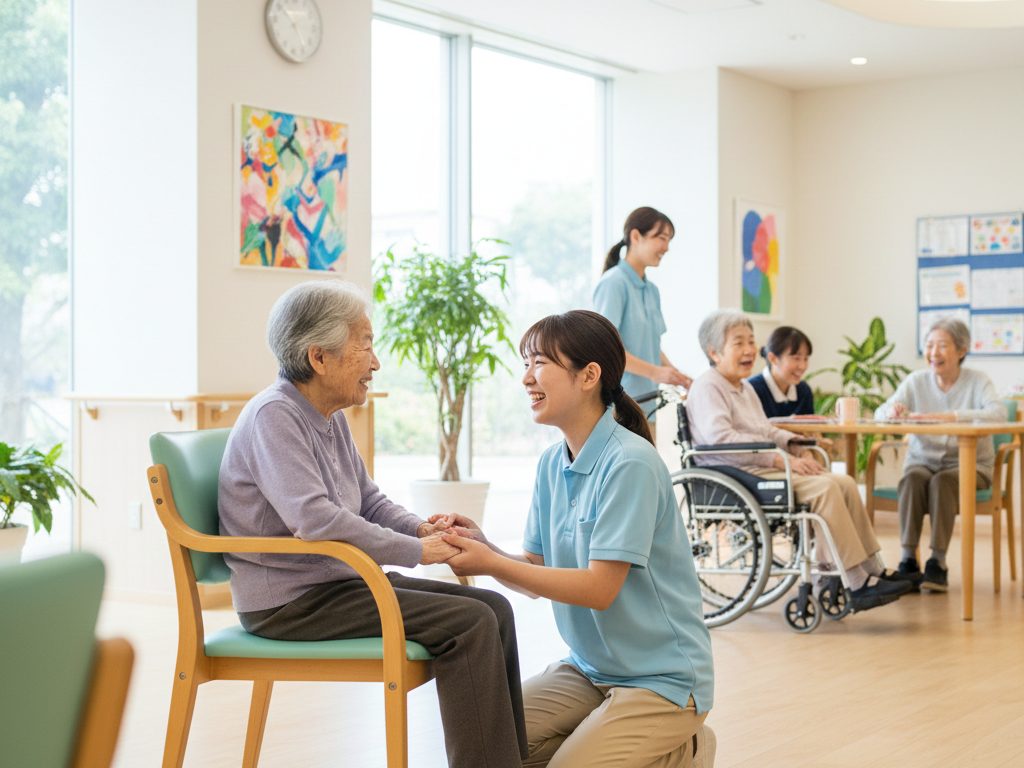 大阪の介護施設の明るい共用スペースで、介護スタッフが高齢者に寄り添い笑顔で会話している場面。チームワークと人材定着を感じさせる清潔な職場