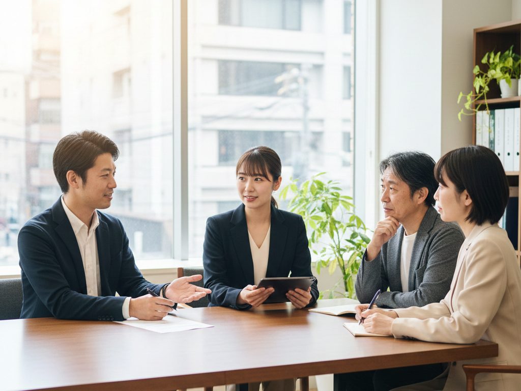 大阪の寺田税理士・社会保険労務士事務所(社労士法人フォーグッド)のオフィスで、医療・福祉法人の経営者と人事担当者に社労士が離職率改善のロードマップを説明している場面。グラフ資料とタブレットで具体策を提示