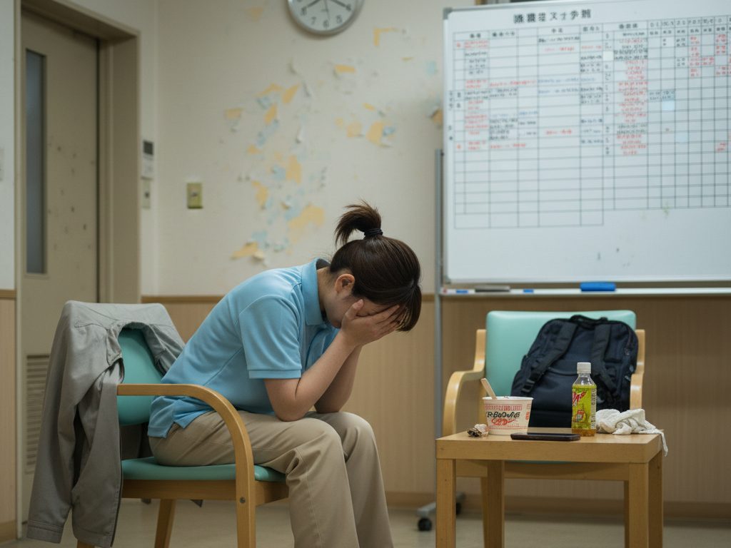 大阪の介護施設の休憩室で、疲れた表情の介護スタッフが椅子に座り込んでいる場面。人手不足と長時間労働による疲弊を象徴