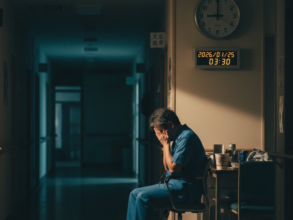 深夜の介護施設で夜勤対応を続けるスタッフと、深夜を示す時計。睡眠不足と長時間労働の負担を象徴する場面
