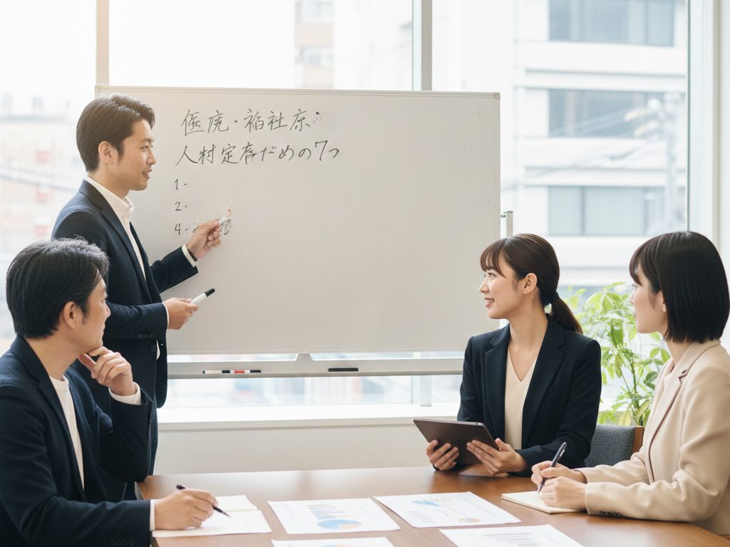 大阪の会議室で、社労士が医療・福祉法人の経営者と人事担当者に“7つの人材定着戦略”を解説している場面。ホワイトボードに改善項目が整理されている