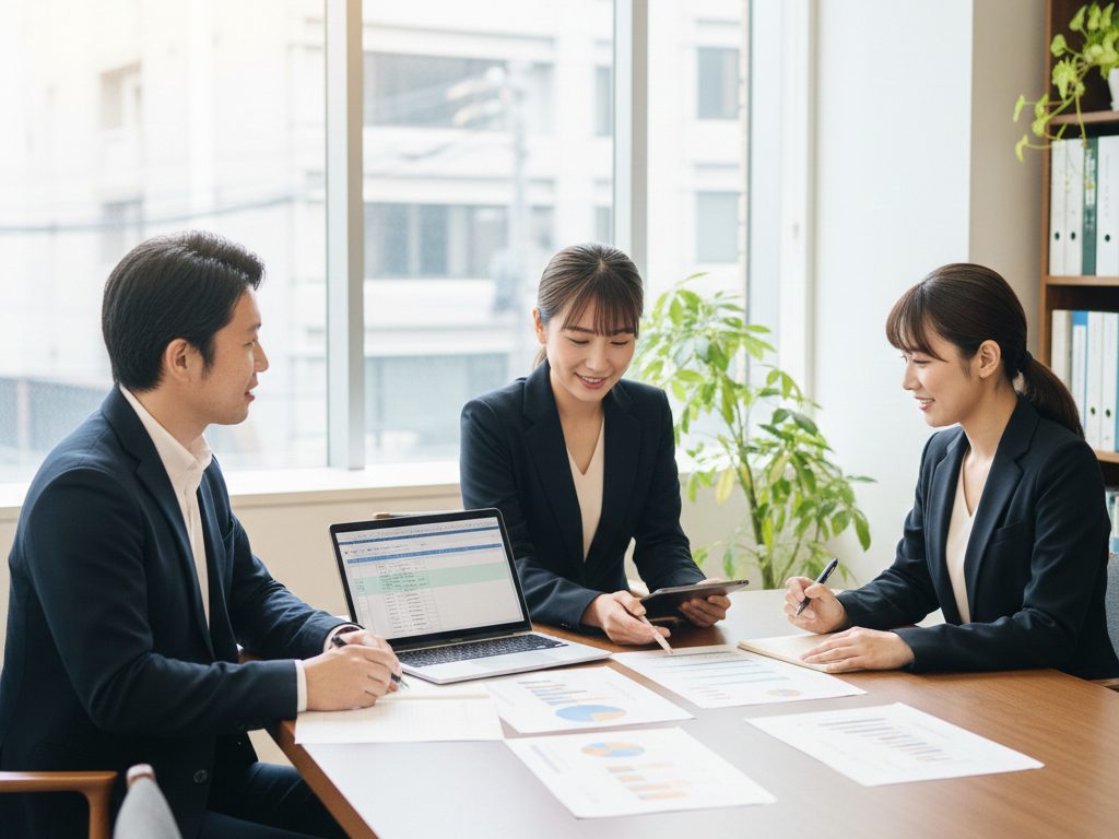 助成金の申請書類とパソコンを前に、人事担当者が社労士と受給計画を確認している場面。人材育成と定着のための助成金活用を象徴