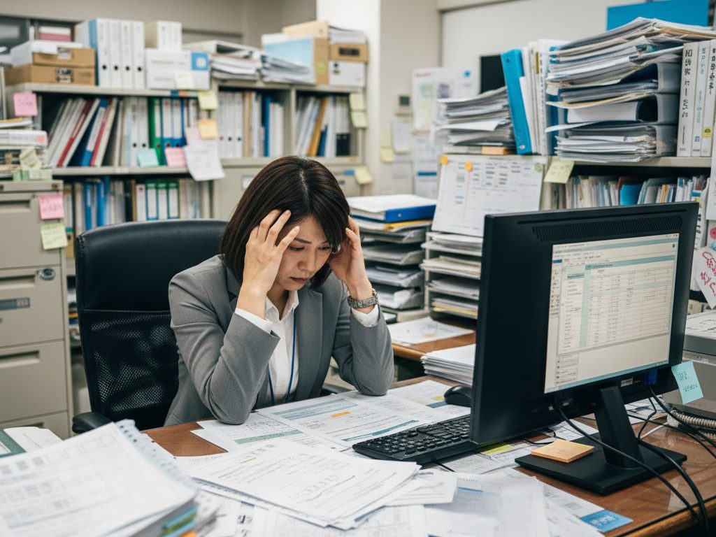 大阪の医療・福祉施設の事務所で、勤怠・36協定・就業規則などの書類とPCを前に人事担当者が頭を抱える場面。100人超施設の労務管理の複雑さを象徴