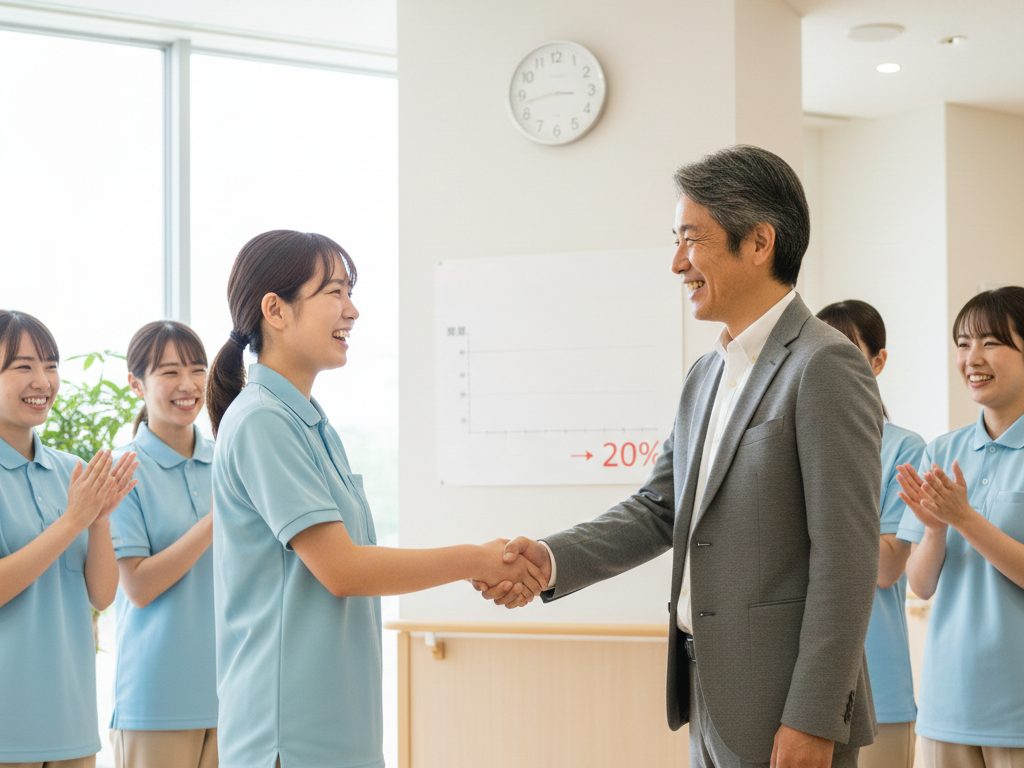 大阪の介護施設で、スタッフと経営者が笑顔で握手している場面。2年間の取り組みで離職率が改善し、人材定着が進んだ明るい職場を象徴