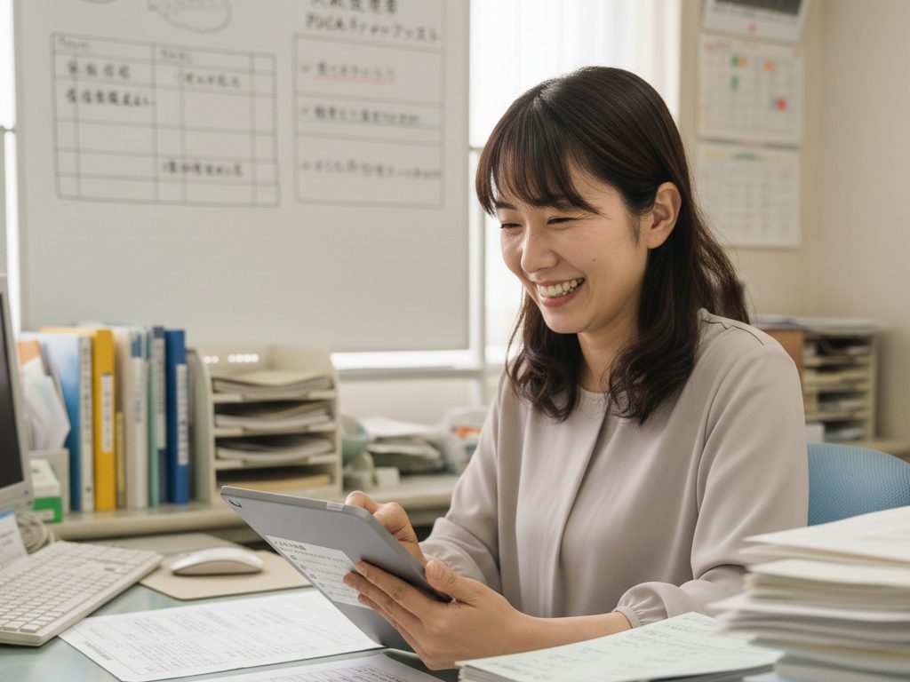 大阪の医療・福祉施設で、人事担当者がタブレットのチェックリストを確認しながら改善施策を整理している場面。人材定着のPDCA運用を象徴