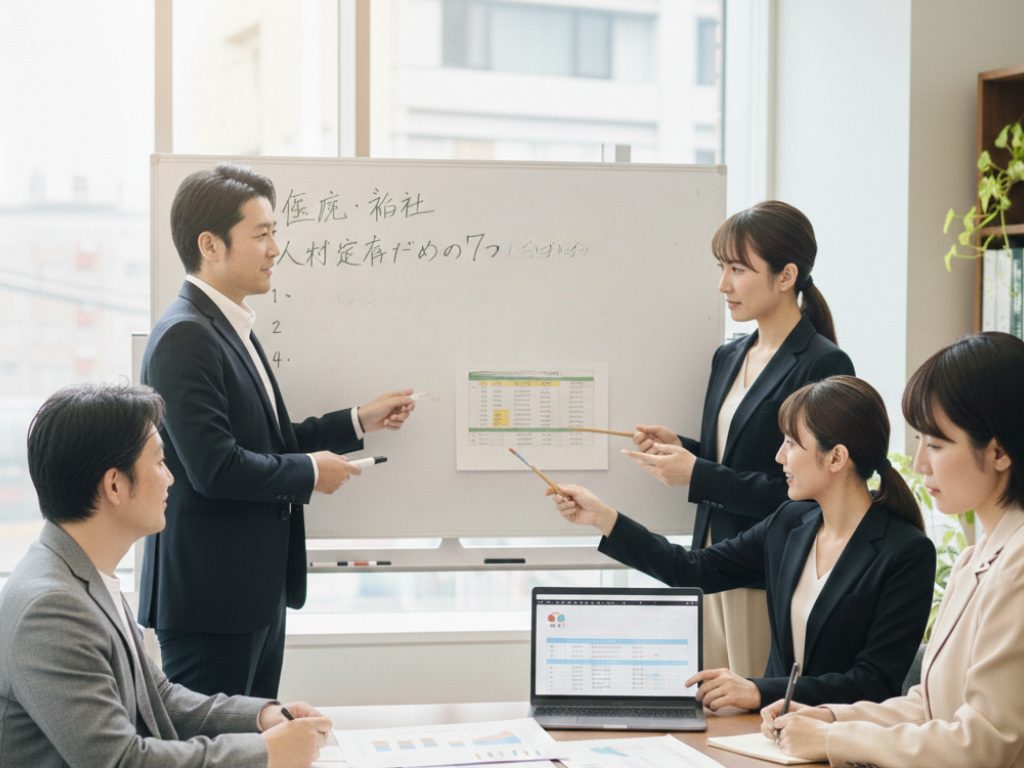 大阪のオフィスで、社労士チームが医療・福祉法人の経営者に離職率の分析資料と助成金活用案を提案している場面。専門チームによる伴走支援を象徴