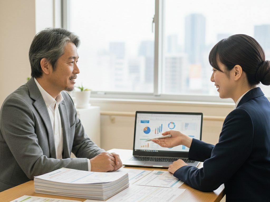 介護施設の事務所で、処遇改善加算や助成金の書類を社労士と経営者が一緒に確認している場面。加算・助成金を活用した賃上げと定着支援を象徴