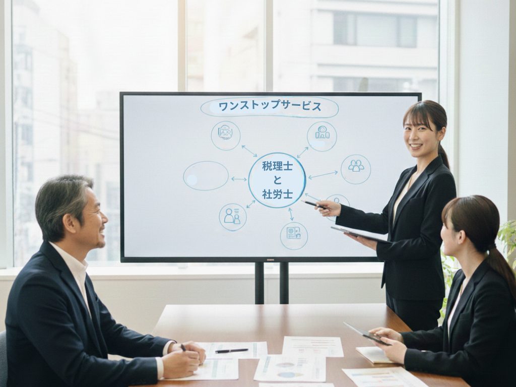 大阪のオフィスで、医療・福祉施設向けの労務顧問・処遇改善加算・助成金申請・規程整備などの支援メニューを説明している場面。ワンストップ支援をする社労士法人フォーグッド（寺田税理士・社労士事務所）
