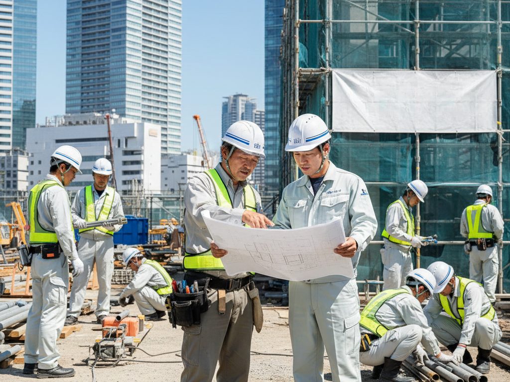 大阪の建設現場で、職人たちがヘルメットをかぶり作業している場面。一人親方と雇用労働者が協力して働く様子