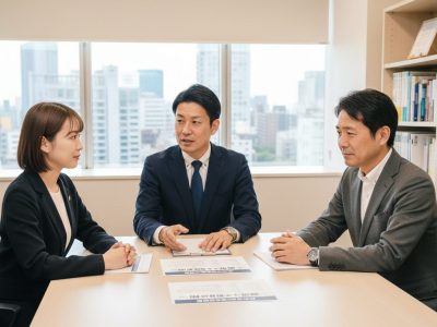 大阪の寺田税理士・社会保険労務士事務所(社労士法人フォーグッド)のオフィスで、建設業の経営者と人事担当者に、社労士が一人親方問題と偽装請負リスクの対策を説明している場面。労働者性判定の資料とチェックリスト