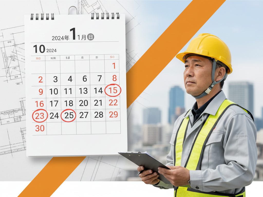 2024年10月の社会保険適用拡大を示すカレンダーと、建設現場で働く一人親方の姿。制度変更による影響を象徴