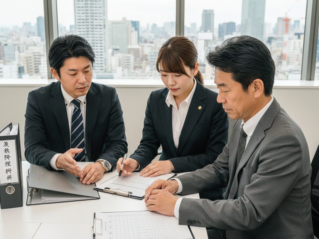 大阪のオフィスで、社労士が建設会社の経営者に労働者性の判断基準を説明している場面。チェックリストと判例資料を使用