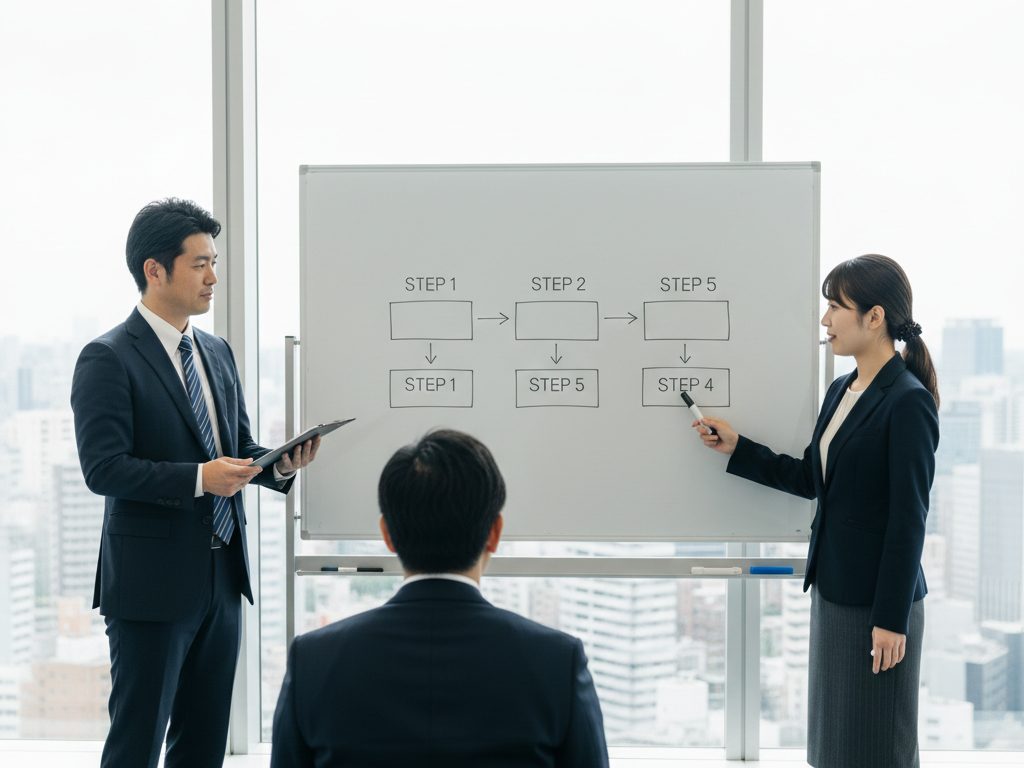 大阪のオフィスで、社労士が建設会社の経営者に4つのステップを説明している場面。ホワイトボードにSTEP1〜4が整理されている