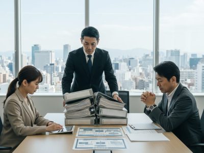 大阪の建設会社のオフィスで、労基署の調査官が書類をチェックし、経営者が緊張した表情で対応している場面。偽装請負の調査を象徴