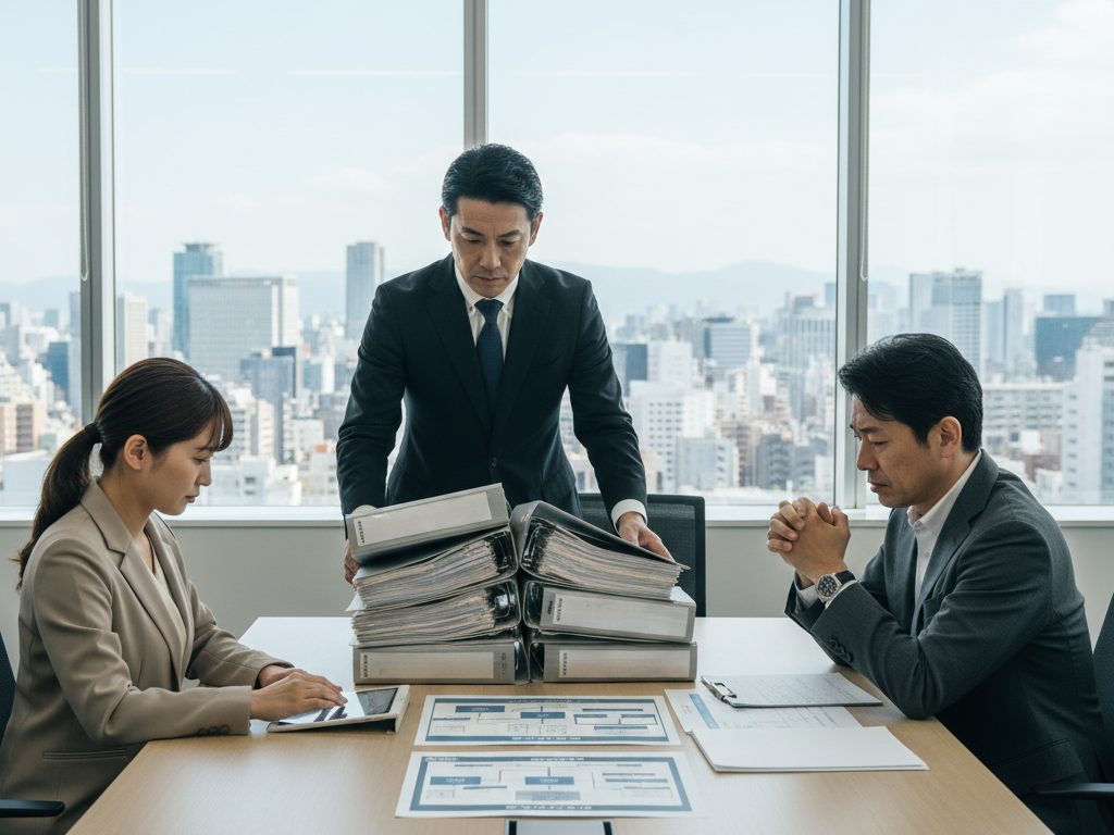 大阪の建設会社のオフィスで、労基署の調査官が書類をチェックし、経営者が緊張した表情で対応している場面。偽装請負の調査を象徴