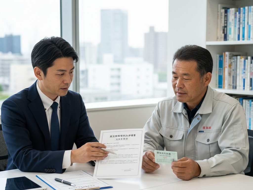 NIPRE大阪のオフィスで、社労士が一人親方に特別加入制度の説明をしている場面。労災保険の加入手続き書類と保険証