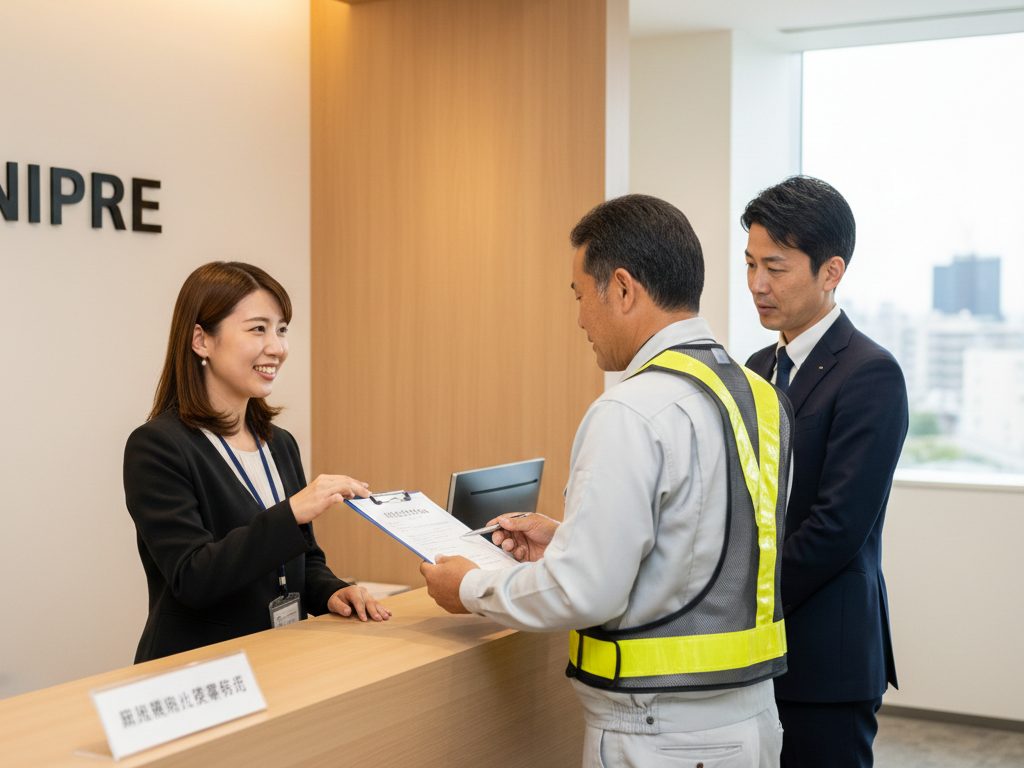 NIPRE大阪の受付カウンターで、スタッフが一人親方に特別加入の手続き書類を説明している場面。安心して相談できる雰囲気