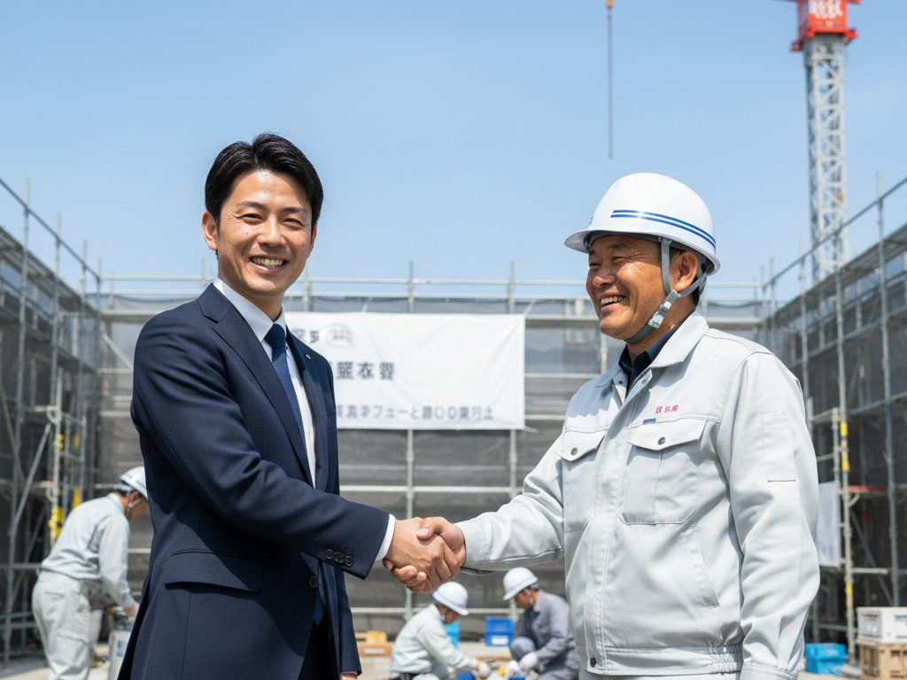 大阪の建設現場で、E建設の経営者とスタッフ、一人親方が笑顔で握手している場面。一人親方問題を解決し、安心して働ける環境を実現
