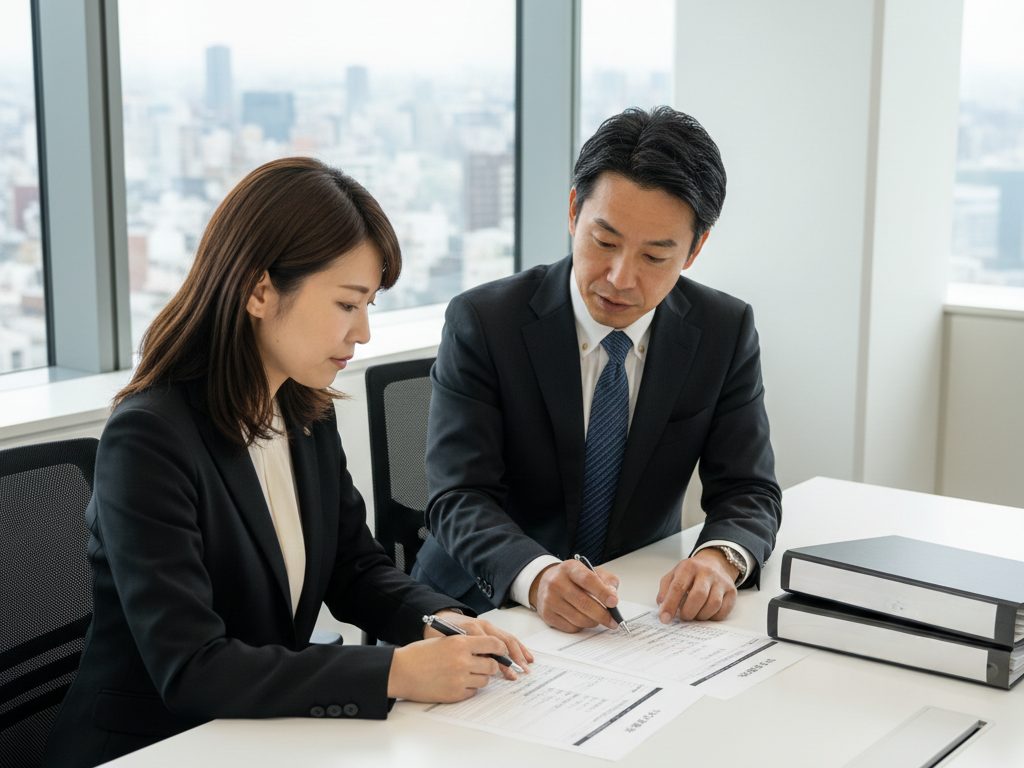 大阪の建設会社のオフィスで、人事担当者がチェックリストを確認しながら一人親方のリスク診断を行っている場面