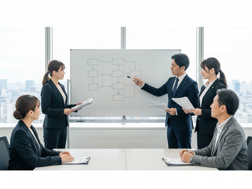 大阪のオフィスで、社労士チームが建設業の経営者に一人親方問題の解決策を提案している場面。専門チームによる伴走支援を象徴