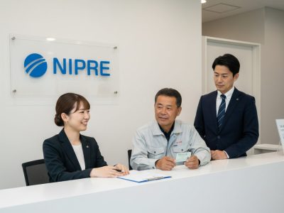 NIPRE大阪（寺田税理士・社会保険労務士事務所(社労士法人フォーグッド)内）のオフィスで、スタッフが一人親方に特別加入の手続き書類を説明している場面。併設する労働保険事務組合の強みを象徴