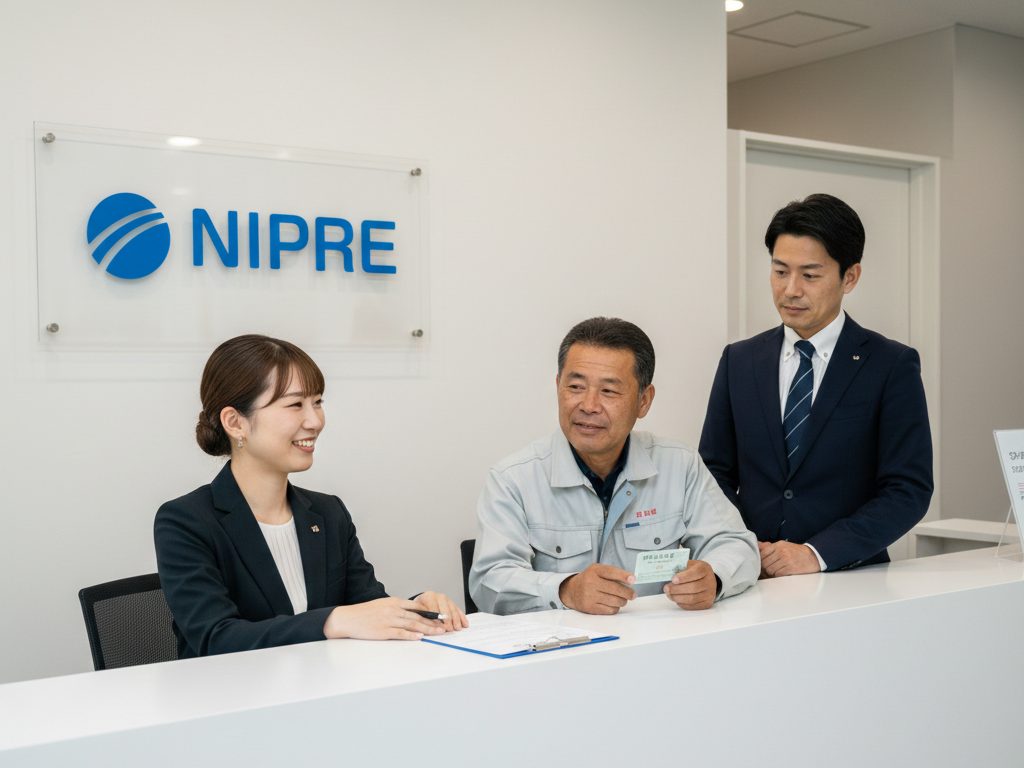 NIPRE大阪のオフィスで、スタッフが一人親方に特別加入の手続き書類を説明している場面。併設する労働保険事務組合の強みを象徴