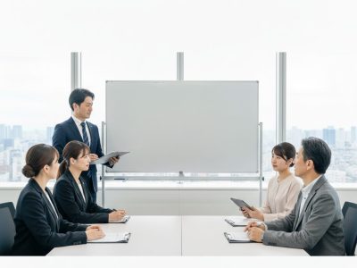 大阪の寺田税理士・社会保険労務士事務所(社労士法人フォーグッド)オフィスで、建設業向けの労務顧問・一人親方判定・特別加入支援などの支援メニューを説明している場面。ワンストップ支援をする社労士法人フォーグッド（寺田税理士・社労士事務所）