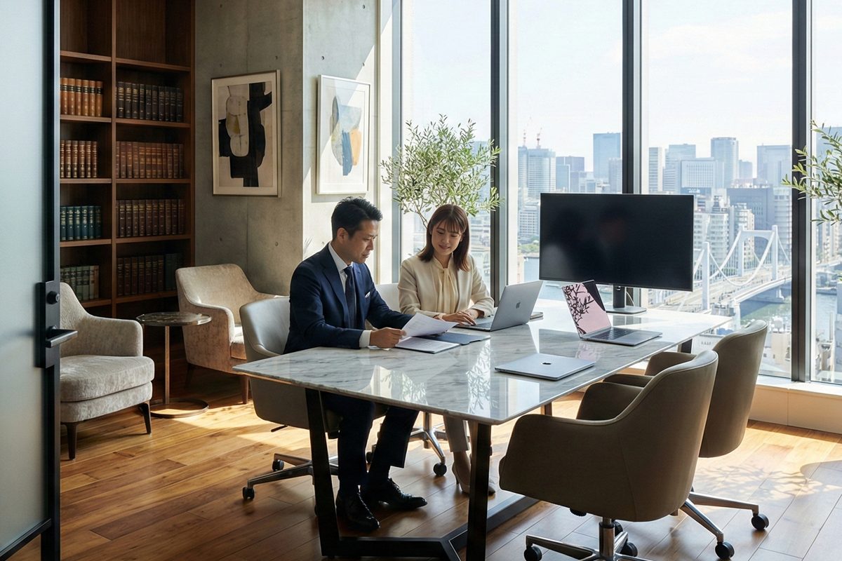寺田税理士・社会保険労務士事務所(社労士法人フォーグッド)東京日本橋オフィスで労務監査資料を確認する寺田慎也税理士と社労士スタッフ