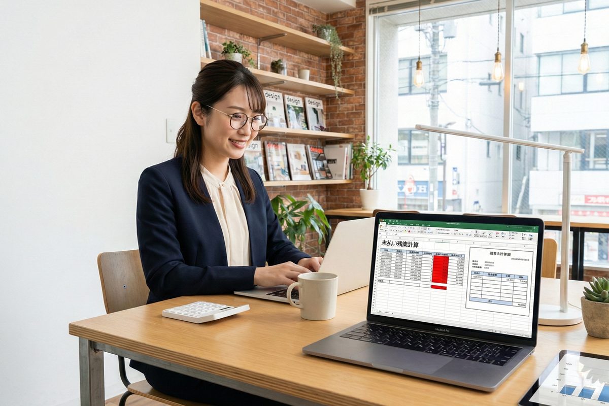 寺田税理士・社会保険労務士事務所東京日本橋オフィスで未払残業代リスクを試算する20代女性社労士 - ノートPCに表示される勤怠データと給与明細