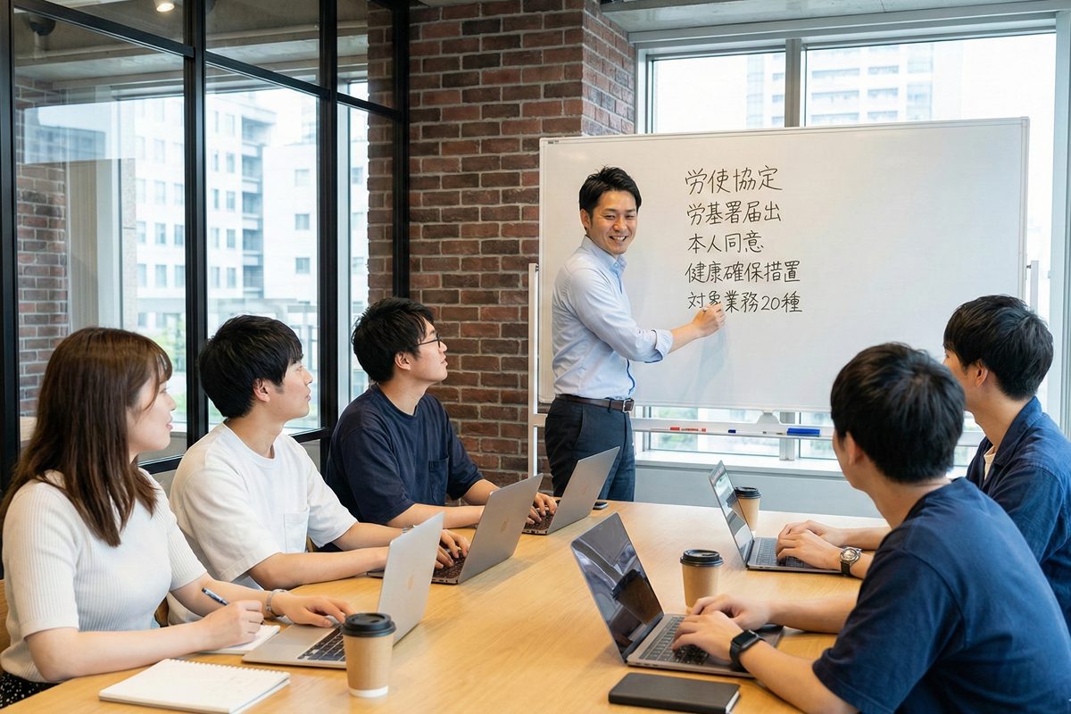 渋谷IT企業オフィスでエンジニアチームと裁量労働制について説明する寺田事務所の30代男性社労士コンサルタント - ホワイトボードに労使協定の要件を記載