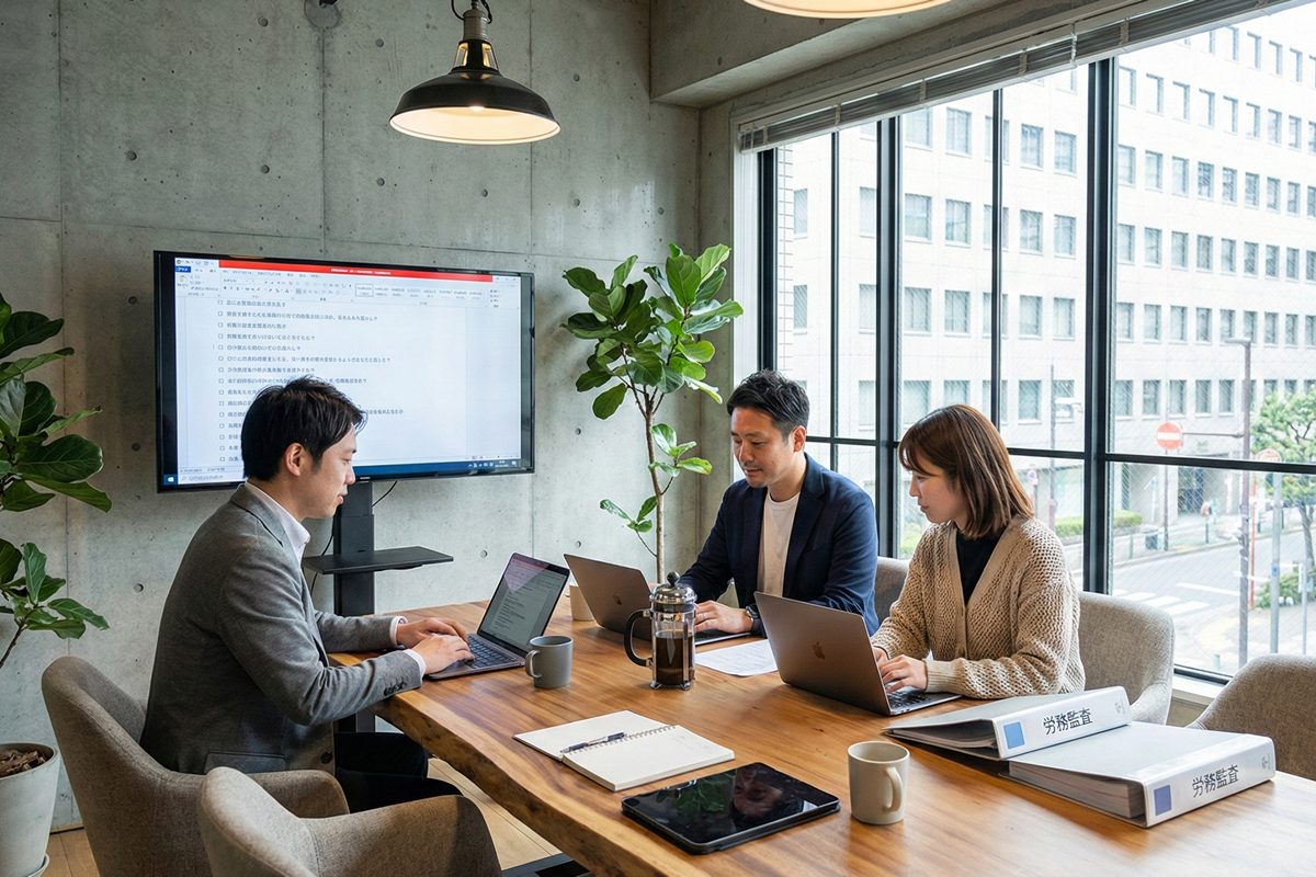 寺田税理士・社会保険労務士事務所東京日本橋オフィスの会議室でIPO労務監査チェックリストを確認する監査法人担当者と寺田慎也税理士