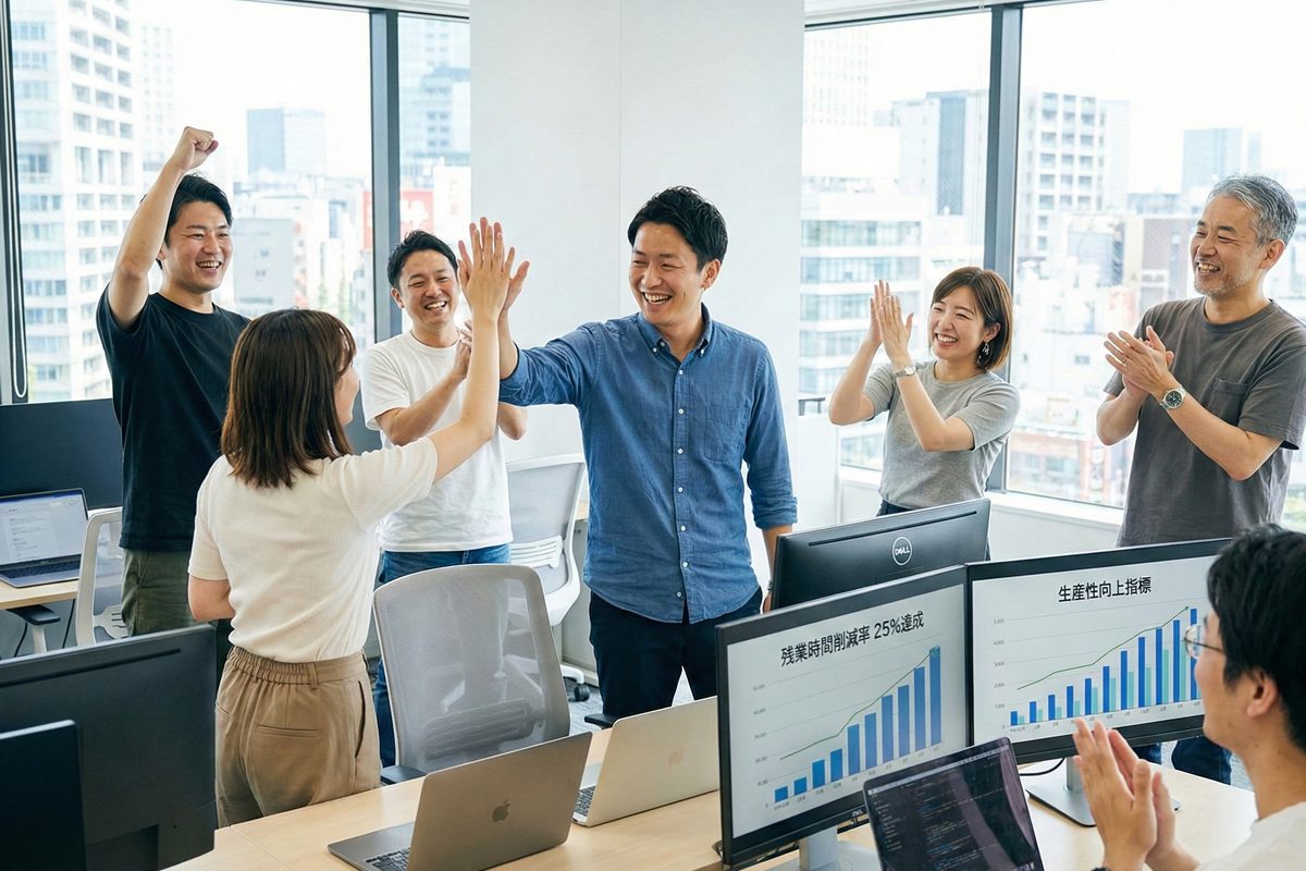 渋谷SaaS企業オフィスで労務体制構築後に笑顔でハイタッチする30代男性経営者とエンジニアチーム - 残業時間削減と生産性向上を達成