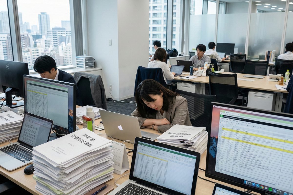 100名超のIT企業人事部で裁量労働制の同意書管理に追われる30代女性人事担当者 - デスクに積まれた同意書ファイルと労使協定書類