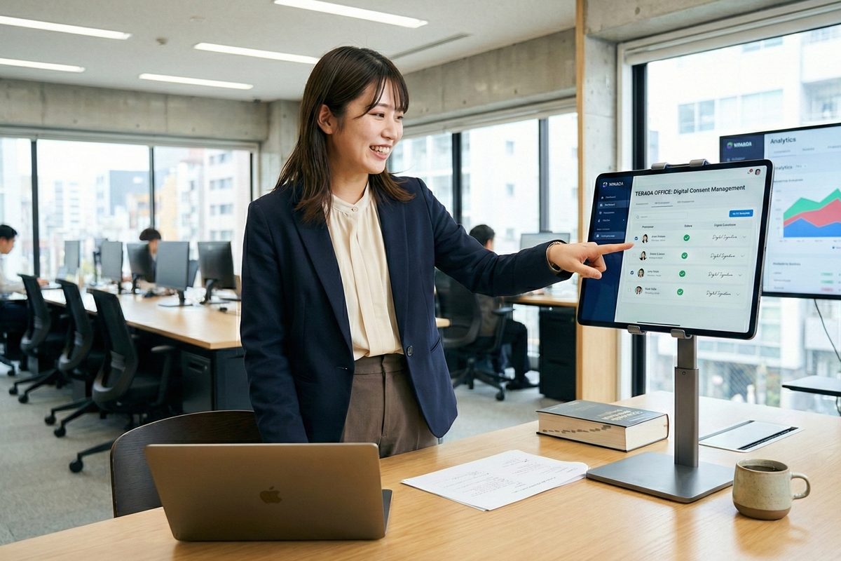 寺田税理士・社会保険労務士事務所(社労士法人フォーグッド)東京日本橋オフィスで裁量労働制の労使協定書類を確認する寺田慎也税理士と社労士スタッフ