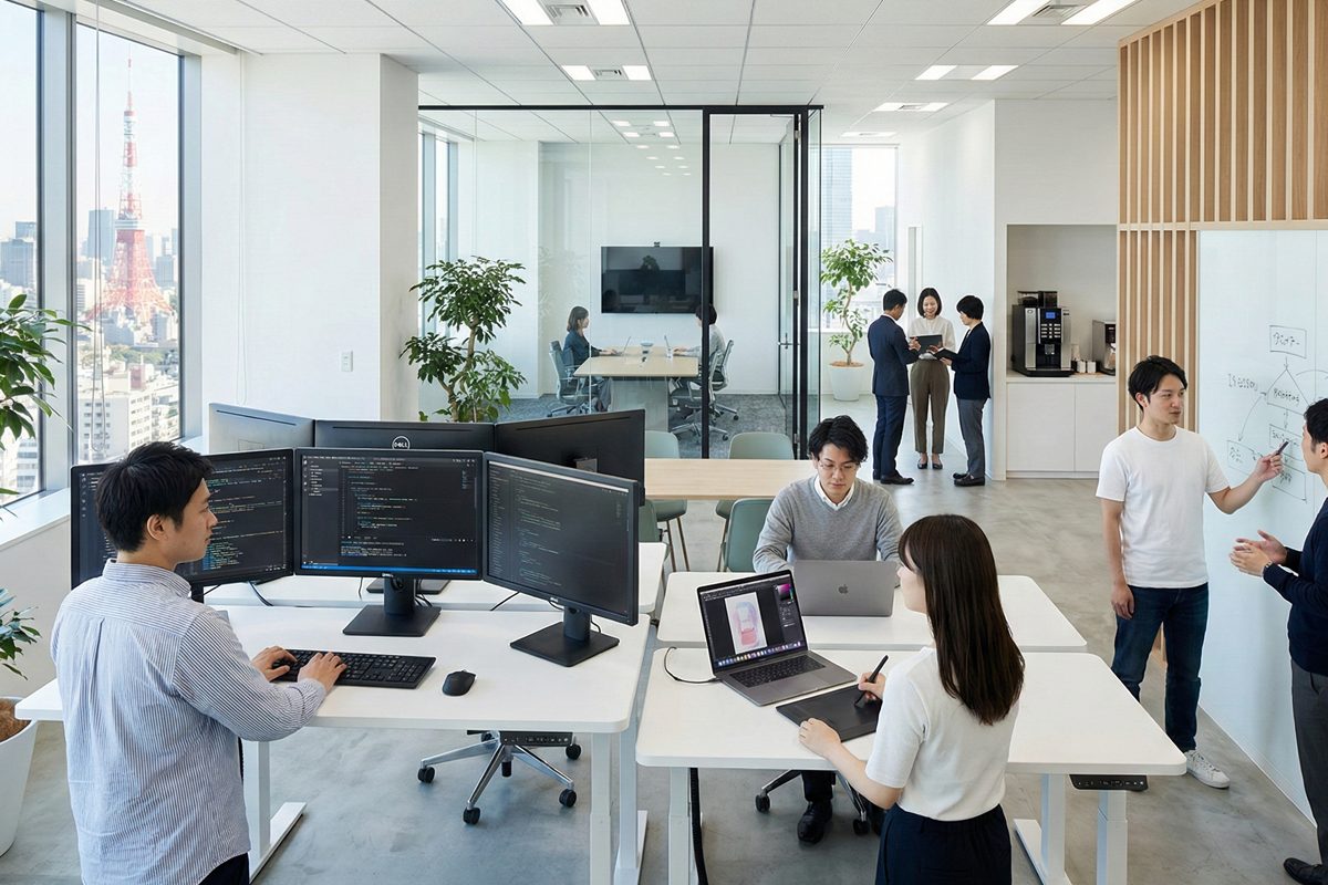 IT企業のシステムエンジニアとデザイナーが裁量労働制のもとで自律的に働くオープンオフィス - 大型モニターとホワイトボードで業務を進める多様なチーム