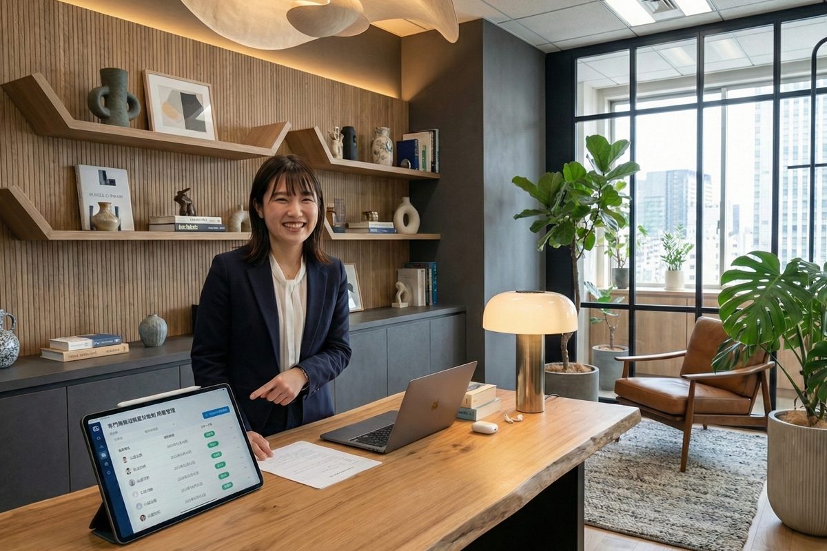 寺田税理士・社会保険労務士事務所東京日本橋オフィスで裁量労働制の同意書管理システムを説明する20代女性社労士コンサルタント - タブレットに表示される電磁的記録管理画面