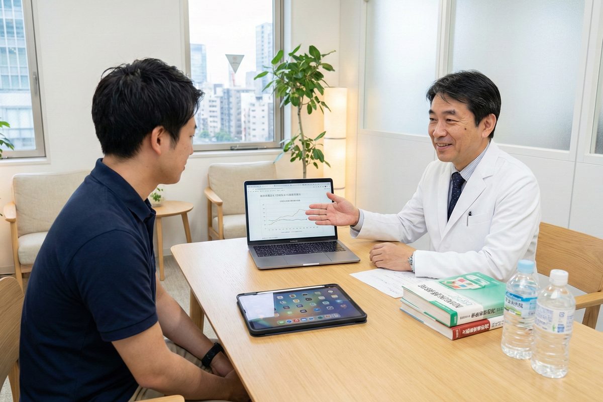 IT企業の産業医による裁量労働制適用者への面接指導 - 明るい相談室でノートPCの労働時間データを確認する50代男性産業医と30代男性エンジニア