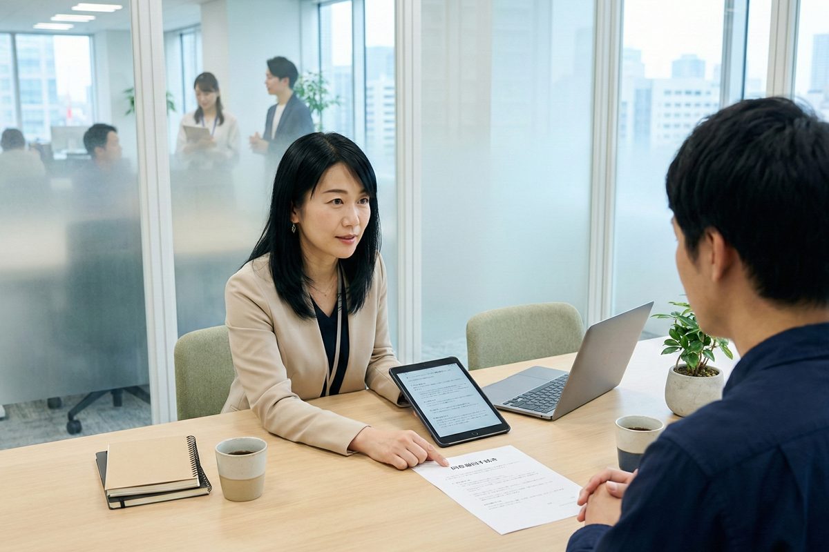 IT企業人事部で裁量労働制の同意撤回に関する相談を受ける40代女性人事マネージャー - 明るい相談室で書類を確認しながら対話する場面