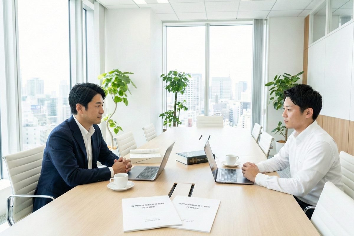 寺田税理士・社会保険労務士事務所東京日本橋オフィスで裁量労働制の労使協定更新について説明する寺田慎也税理士 - 会議室で過半数代表者と協定書を確認する場面