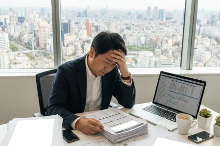 東京渋谷の飲食チェーン本部オフィスで離職率とシフト管理に悩む40代男性経営者 - デスクに広げられた各店舗の勤怠データと退職届
