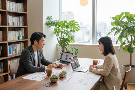 寺田税理士・社会保険労務士事務所（社労士法人フォーグッド）東京日本橋オフィスで飲食業の労務改善プランを説明する寺田慎也税理士と社労士スタッフ