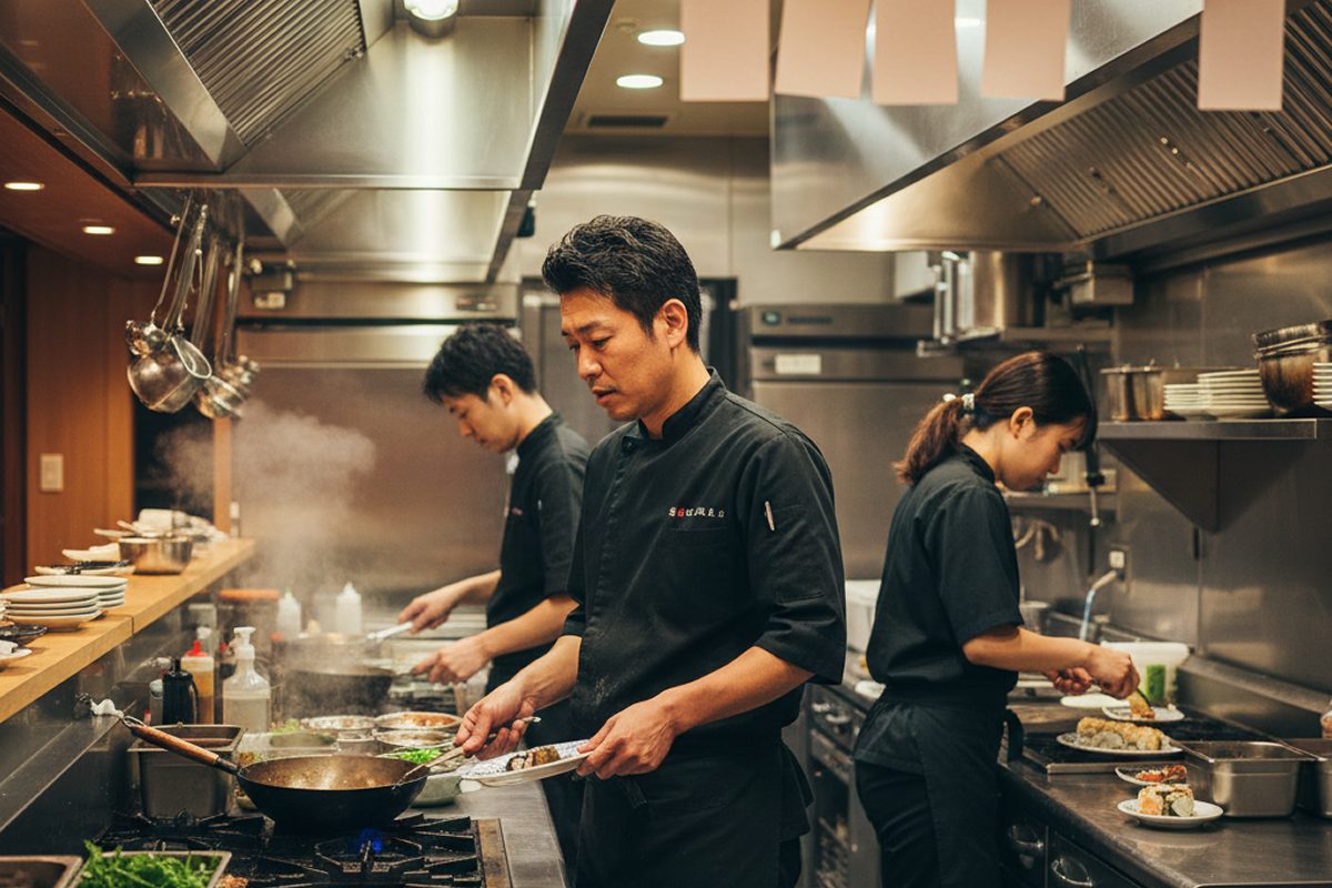 東京渋谷の飲食店厨房で人手不足に疲弊する30代男性店長とアルバイトスタッフ - 繁忙時間帯のキッチン風景