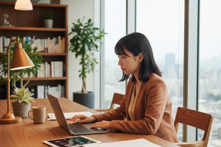 寺田税理士・社会保険労務士事務所東京日本橋オフィスで飲食業の未払残業代リスクを試算する20代女性社労士 - ノートPCに表示される勤怠データ分析