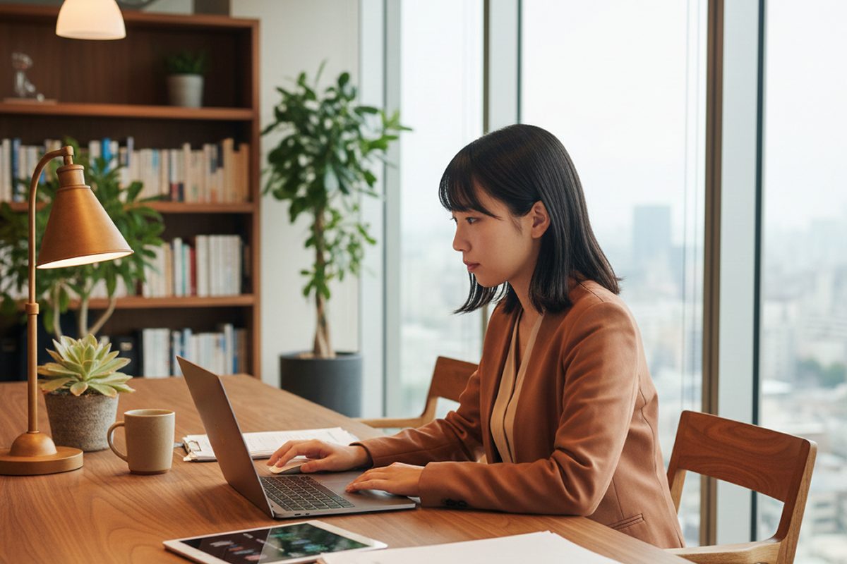 寺田税理士・社会保険労務士事務所東京日本橋オフィスで飲食業の未払残業代リスクを試算する20代女性社労士 - ノートPCに表示される勤怠データ分析