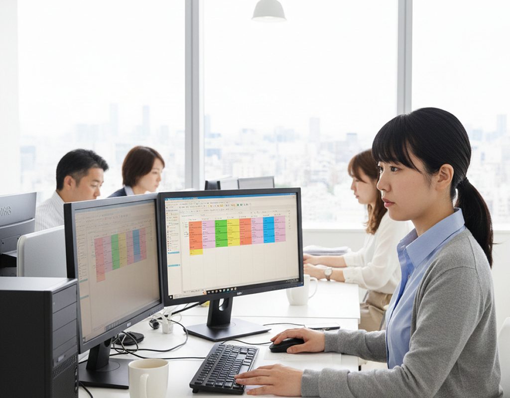 東京渋谷の飲食チェーン本部オフィスでクラウドシフト管理システムを操作する30代女性人事担当者 - 大型モニターに全店舗のシフト表を表示