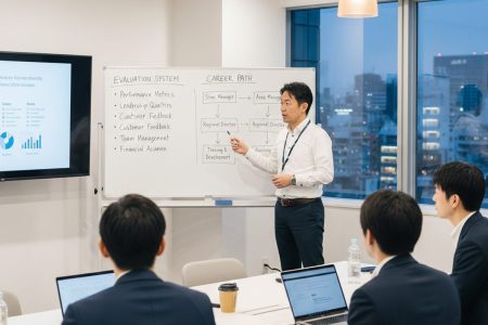 東京渋谷の飲食店オフィスで店長育成研修を受ける30代男性店長候補たち - ホワイトボードに評価制度とキャリアパスを記載